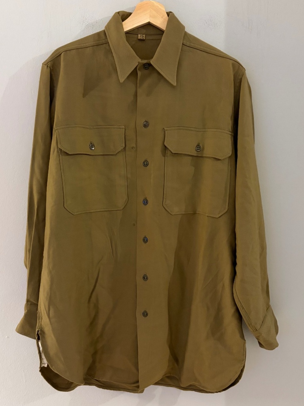 Authentic 1944 WWII U.S. Army OD wool flannel shirt.